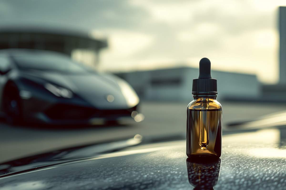 Huile de cbd avec un Lamborghini en fond