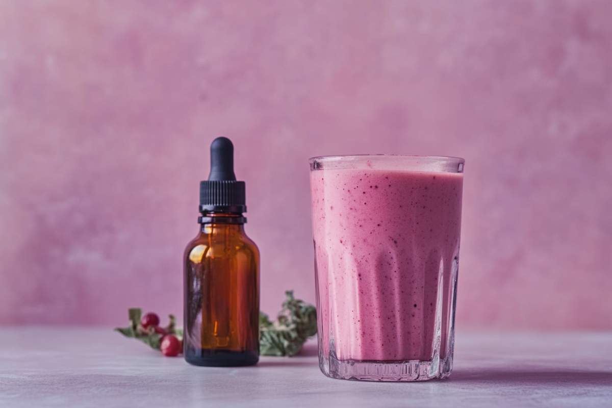 huile de cbd et un verre de smoothie à la fraise