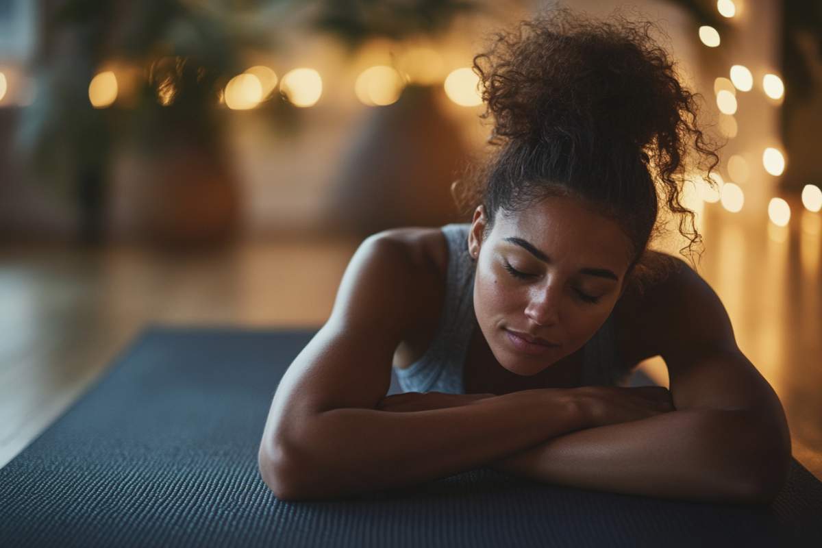 femme qui se détend sur un tapis de yoga